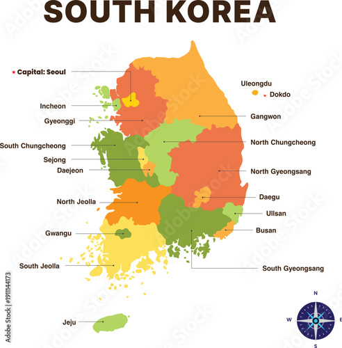 South Korea map vector illustration with administrative districts for business and networking concept. Detailed South Korea map silhouette with provinces and main cities for education.