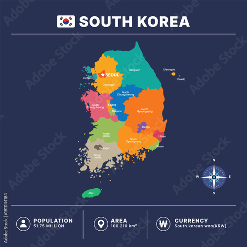 South Korea map vector illustration with administrative districts for business and networking concept. Detailed South Korea map silhouette with provinces and main cities for education.