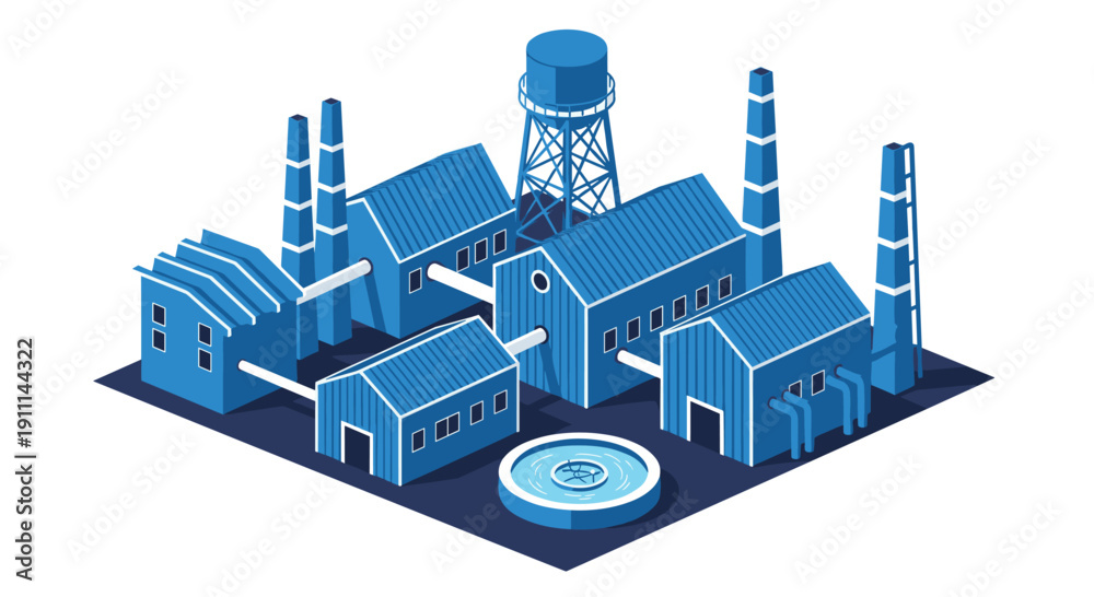 Fototapeta premium Isometric industrial factory with multiple buildings, smokestacks, a water tower, and a treatment pond on a white background.