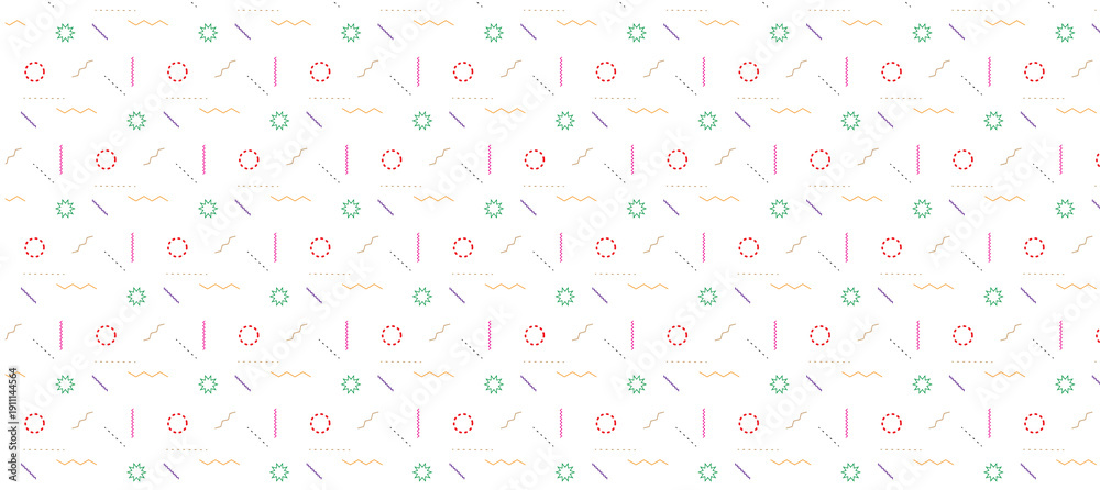 Obraz premium Dynamic pattern of colorful abstract shapes, lines, and geometric elements on a white background, energetic design