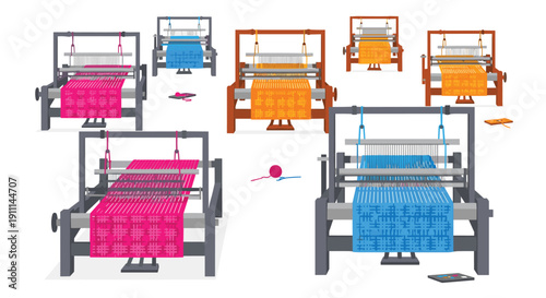 Multiple weaving looms with colorful fabric on them and spools of thread on a white background.