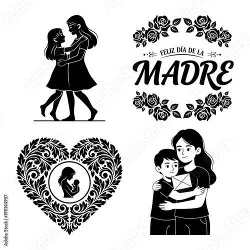 Dia de la Madre icon bundle with mother and son shopping, mother dressing child and baby kiss silhouette