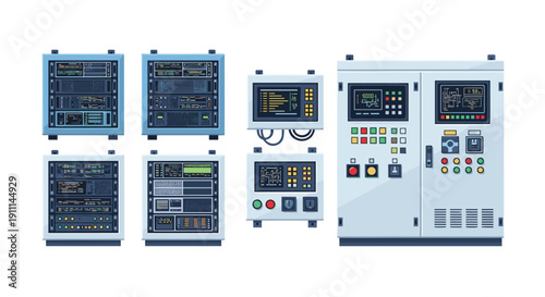 A collection of industrial server racks, control panels, and a large electrical cabinet are neatly grouped together.