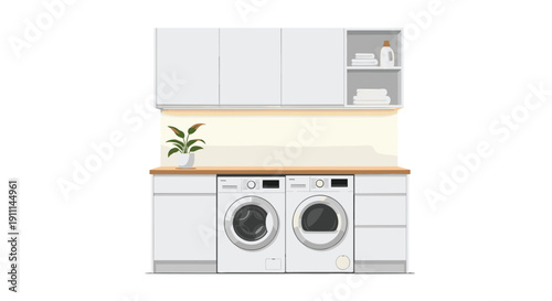 A modern laundry room features a front-loading washer and dryer beneath a wooden counter with white overhead cabinets and shelves.