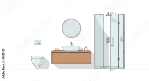 A modern bathroom interior showcases a wall-mounted toilet, a floating wooden vanity with a vessel sink, and a glass shower cabin.