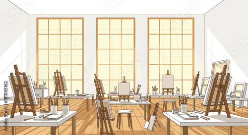 An empty art classroom featuring numerous easels, tables, and art supplies arranged in a bright room with tall windows.