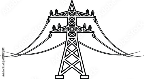 Black and white of a power transmission tower with wires power tower electricity pylon electrical