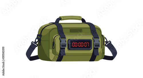 An olive green military-style bag with straps and buckles features a digital timer displaying 00:00:07.