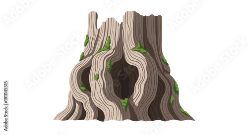 A detailed illustration of an old, weathered tree stump with deep hollows and patches of green moss.