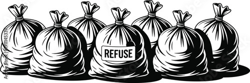 Black and white of six tied trash bags with one labeled refuse garbage waste