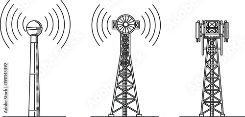 Black and white of three different types of broadcasting towers with radio waves radio tower communication tower