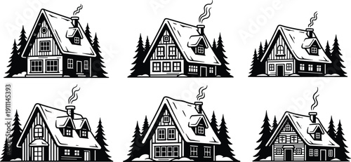 Black and white of six different houses with snow on the roof and pine trees chimney smoke