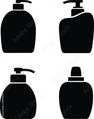 Set of black silhouettes featuring various soap dispensers and plastic bottles with pump tops and screw caps for liquid hygiene product packaging.