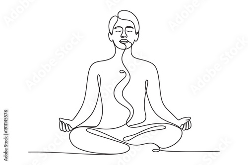 Man meditating yoga silhouette single line art