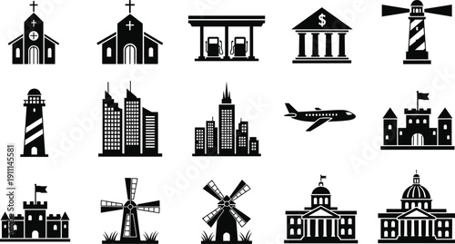 Black and white of various buildings and landmarks silhouettes church