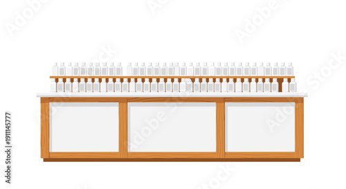 A long wooden counter features multiple small white bottles neatly lined up on a shelf above, against a white background.