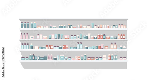 A wide view of a modern white shelving unit filled with rows of various cosmetic and personal care products.