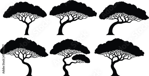 Black silhouette trees with varying shapes and sizes on white background