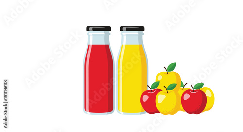 A red juice bottle and a yellow juice bottle stand beside a pile of mixed red and yellow apples.