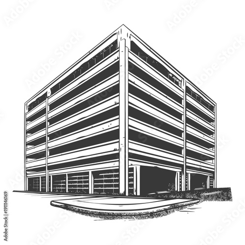 A detailed vector illustration showing a modern multi story parking garage