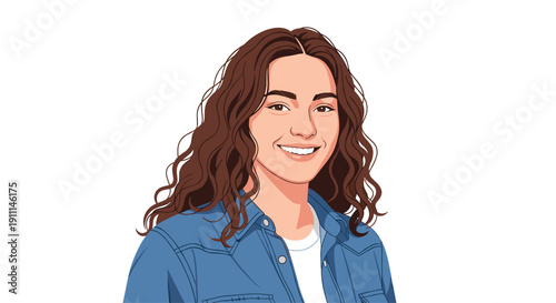 A cheerful young woman with long curly brown hair and a denim shirt smiles directly towards the viewer.