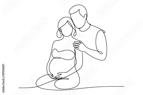 Pregnant woman with husband in continuous line art