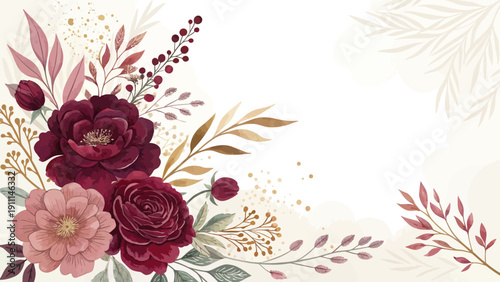 Beautiful floral arrangement with roses and leaves on beige background