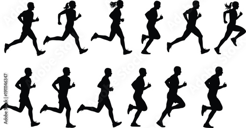 Black silhouettes of people running on white background exercise fitness