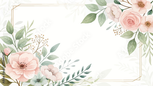 Elegant floral border with soft pink roses and green leaves on white background
