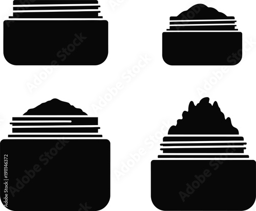 Set of black silhouettes featuring various open cosmetic jars with cream textures and screw top lids for beauty product packaging and skin care branding.