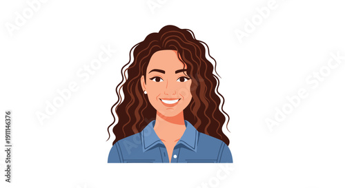 Headshot of a smiling young woman with voluminous curly brown hair and a blue denim shirt.