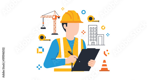 A construction worker in a hard hat and safety vest is writing on a clipboard with various building elements around.