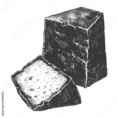 Drawn artistic image shows a block of cheese with cut piece