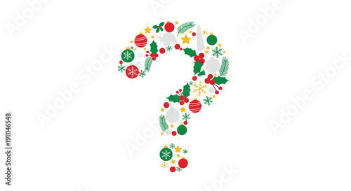 A festive question mark symbol is formed by a collection of various Christmas decorations including holly, berries, and snowflakes.