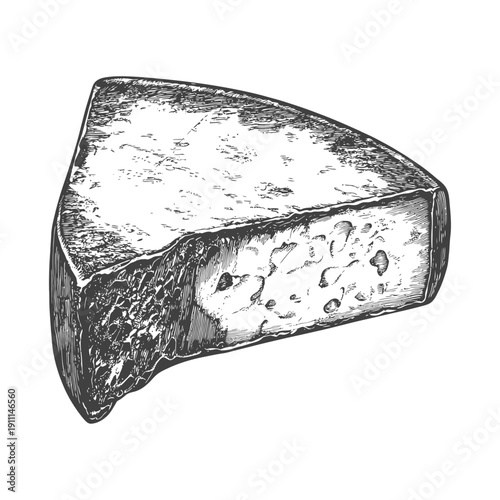 A single triangular wedge of aged artisanal cheese presented against white