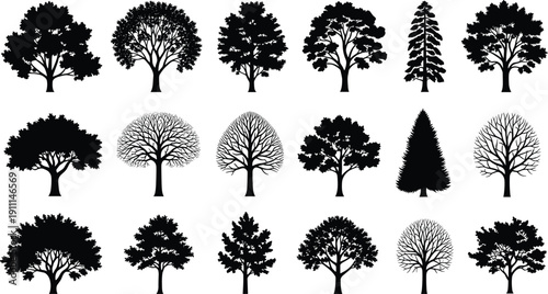 Black silhouettes of various trees on white background