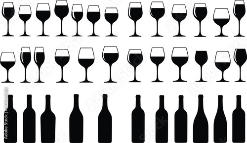 Black silhouettes of wine glasses and bottles on white background wine bottles wine glasses with different amounts of wine