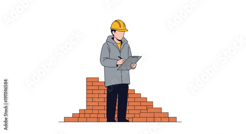 A construction worker in a hard hat and jacket stands beside an unfinished brick wall, writing on a clipboard.