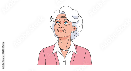 An elegant elderly woman with white curly hair, wearing a pink jacket and pearl necklace, looks up smiling.