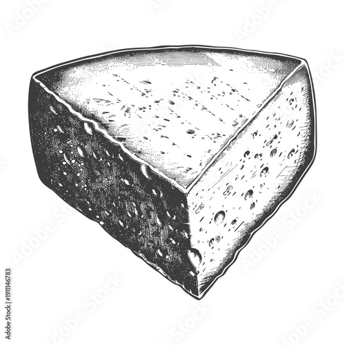 A detailed artistic drawing of a cheese wedge shown isolated