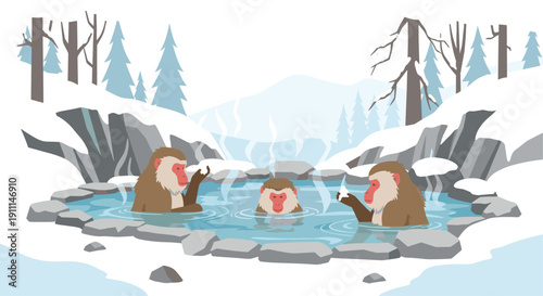 Three macaque monkeys are bathing in a steaming hot spring surrounded by snow-covered rocks and bare winter trees.