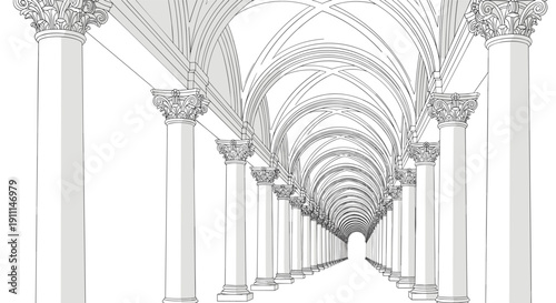 A long, vaulted corridor with numerous classical columns extends into the distant perspective of a grand hall.