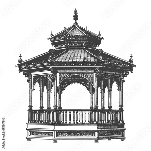 A detailed drawing illustrates a decorative architectural gazebo structure