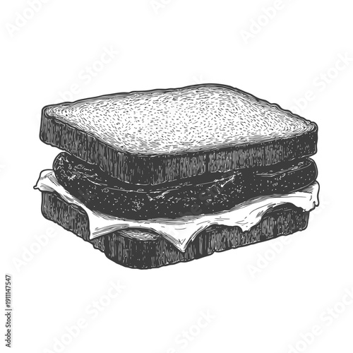 A detailed black and white illustration of a filled sandwich
