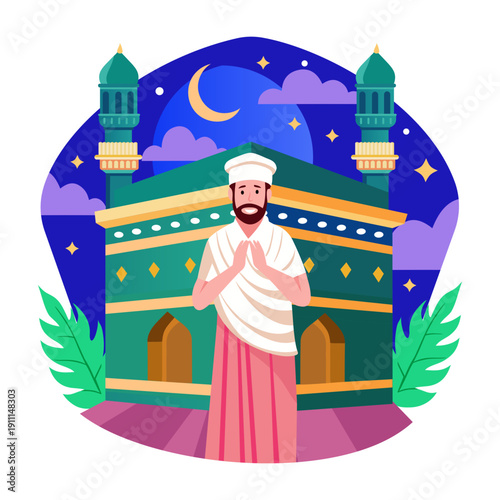 A flat style illustration showing a person performing tawaf