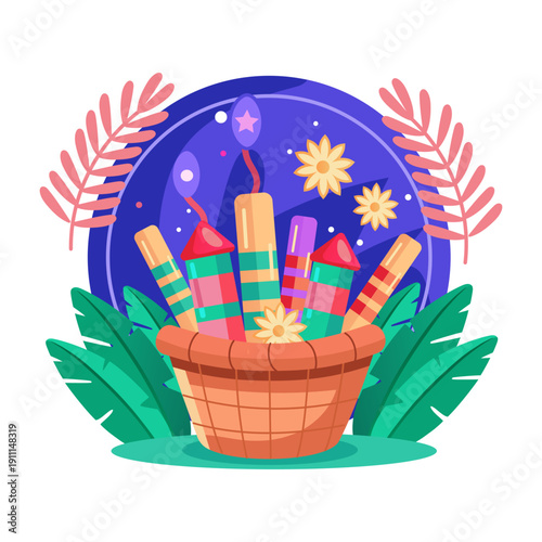 Flat style illustration representing fireworks bucket