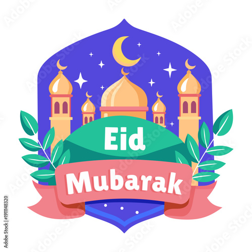 A flat style illustration depicting eid mubarak
