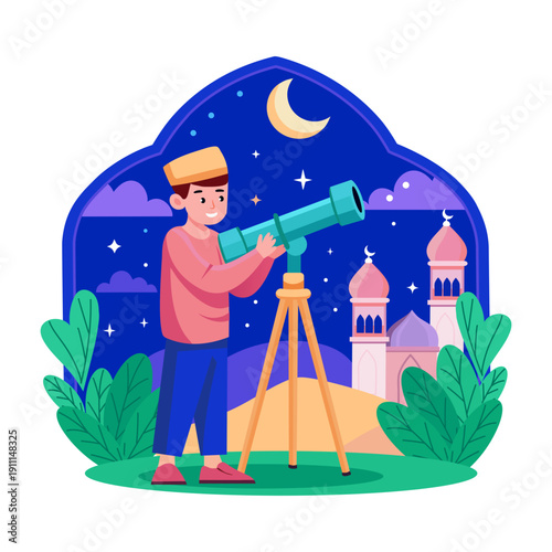 A flat style illustration depicting a person forecasting eid moon
