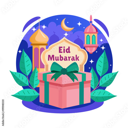 A flat style illustration showing eid gift
