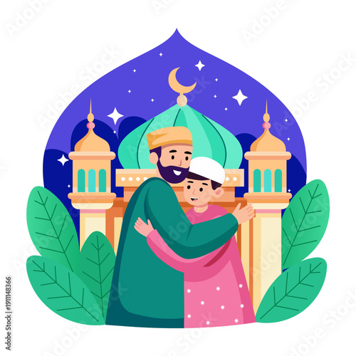 A flat style illustration depicting eid greeting